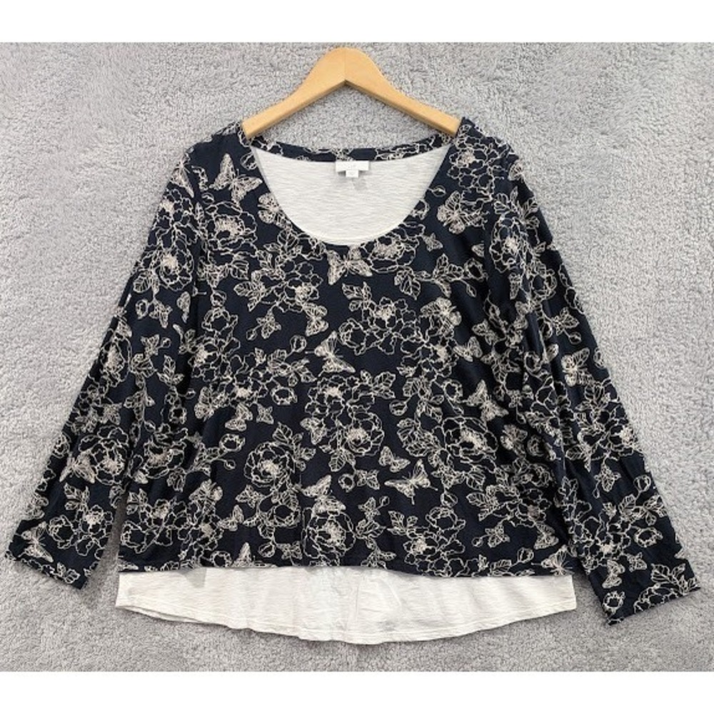 J Jill Top Womens XL Blue White Floral Butterfly Stretch Layered Look Scoop Neck